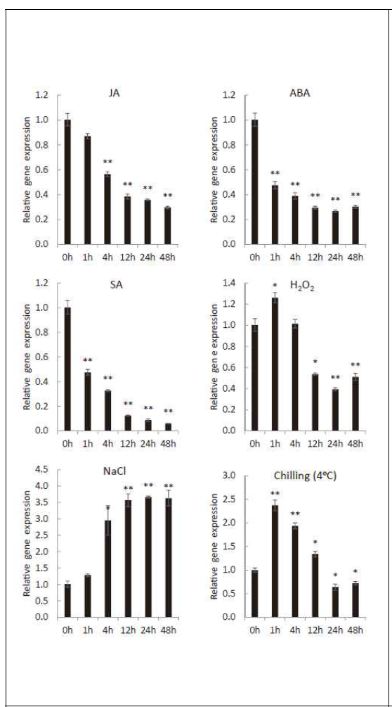 Temporal expression patterns of the PgUGT72AL1 gene in response to abiotic stresses. Three-week-old ginseng plantlets were exposed to jasmonic acid (JA, 0.2 mM), abscisic acid (ABA, 100 mM), salicylic acid (SA, 5 mM), H2O2 (10 mM), NaCl (100 mM), and chilling conditions (4C), for the time intervals indicated. Data represent the mean standard error (SE) for three independent replicates. Means for treated samples were significantly different from the control at *p < 0.05 and **p < 0.01