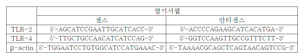 사용한 primers의 염기서열