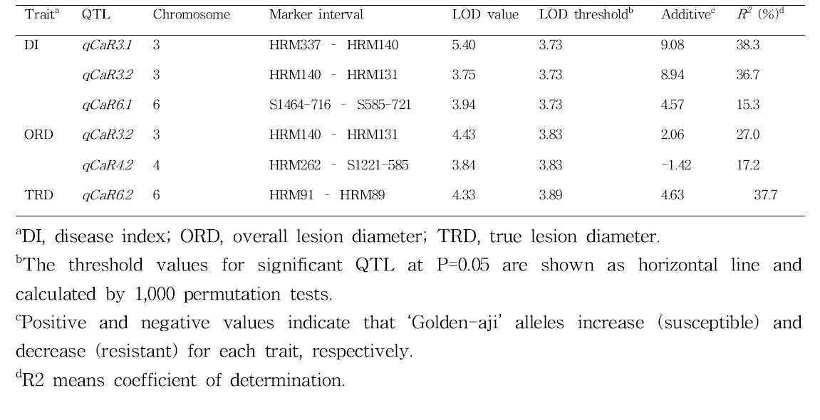C. baccatum ‘Golden-aji’(탄저병 이병성) x ‘PI594137’(탄저병 저항성) F2 분리집단에서 탐색된 QTLs 정보