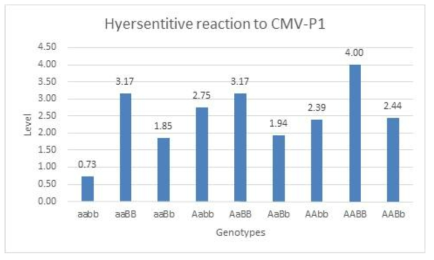 분자표지 유전형 조합에 따른 CMV-P1에 대한 괴사반응 정도. 연관마커 A와 B.level의 접종엽에서의 HR 심하기 정도(3회 육안 측정 후 평균값 사용함. 0-4는 숫자가 증가할수록 HR 정도가 심함을 의미)