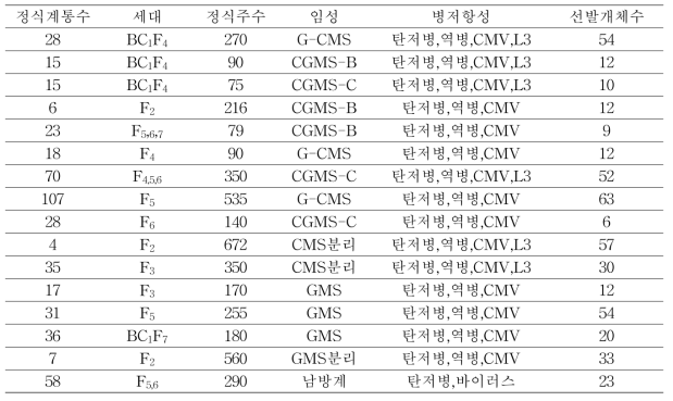 육성계통 정식 및 선발현황