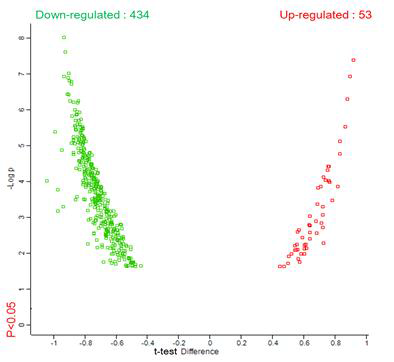 Volcano plot The red lines represent the up (red square) and down (green square) regulated expressed proteins (p < 0.05)