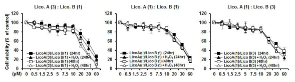 Licochalcone A/B의 비율에 따른 농도와 산화적 스트레스에 대한 세포 생존능 확인