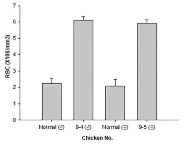 Comparison of the RBC number of normal and G1 hEPO transgenic chickens. The RBC number of each blood sample was scored using a TC20™ Automated Cell Counter (Bio-Rad, USA). The data were obtained from experiments performed in triplicate and are presented as the mean + SD