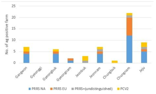 Distribution of PRRS, PCV2 Ag positive group number in each age group