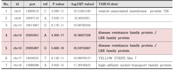 TASSEL을 통해 선발된 C. acutatum 저항성과 관련된 유전자좌의 정보