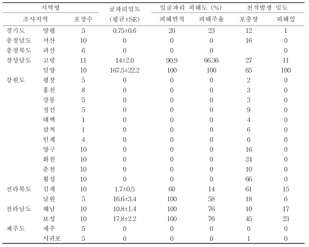 감자 주산지별 잎굴파리 피해정도(22개 시군 156개 포장 조사, 2015)