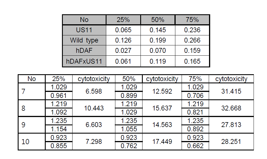 형질전환 돼지세포의 사람보체에 대한 cytotoxicity 분석결과 및 세포독성 효과환산