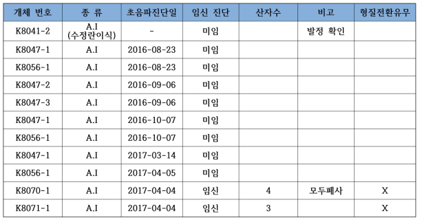 무균돼지 실내 수정란 이식 및 인공수정 결과