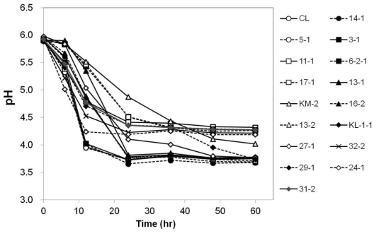 선발 유산균 균주들을 쌀보리 추출배지에 접종했을 때 시간에 따른 pH 변화. 2반복의 평균값