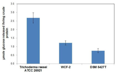 pH 7에서 T. reesei ATCC 26921T, Cellulosilyticum sp. WCF-2, C. letocellum DSM 5427T의 섬유소 활성 비교. n=3