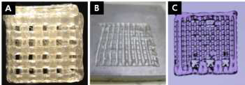 디스펜서 헤드을 이용한 다양한 형태의 원료 출력 테스트( A:PLA, B:gelatin, C:poloxamer 407)