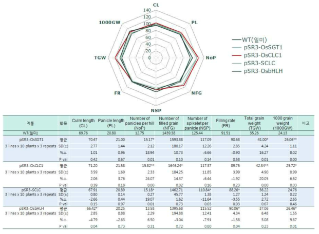 T4세대 형질전환체에 대하여 WT과 성능 검증 - 2016년 (P-value = 0.05>*, 0.01>**)