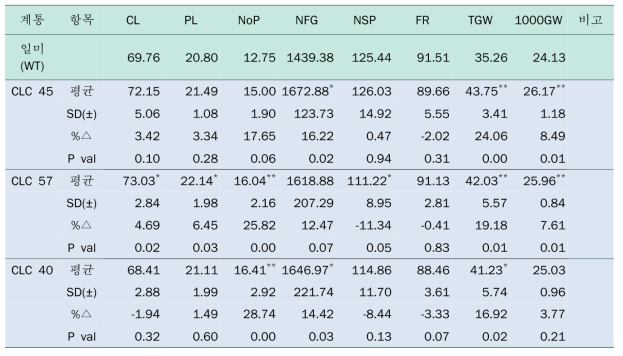 pSR3-OsCLC1 형질전환체 T4 세대 생육조사 결과