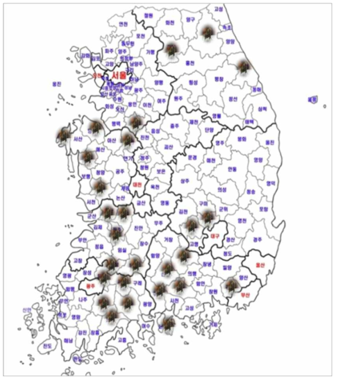 황색다리사냥파리 발생지역