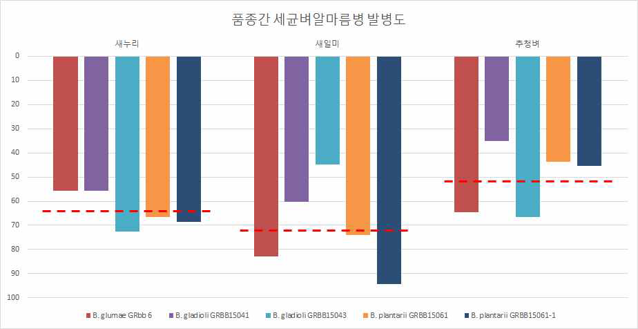 품종간 세균벼알마름병 발병도 및 평균 세균벼알마름병 저항성, 2016년, 온실