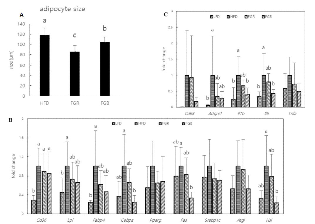 Effects of FGR and FGB on the adipose tissue of mice fed a HFD for 16 weeks. A, adipocyte size. B. Effects on gene expression related to lipid metabolism (n=4); C, Effects on gene expression related to inflammation (n=4). abc Means not sharing a common letter are significantly different groups at p<0.05