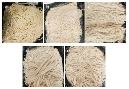 Raw noodle: (a) Control, (b) Atlantic, (c) Goun, (d) Sebong, (e) Jinsun