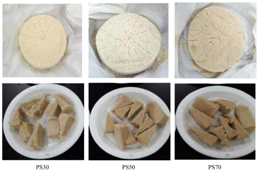 Form of Seolgi prepared with different concentrations of glutinous rice and potato flour