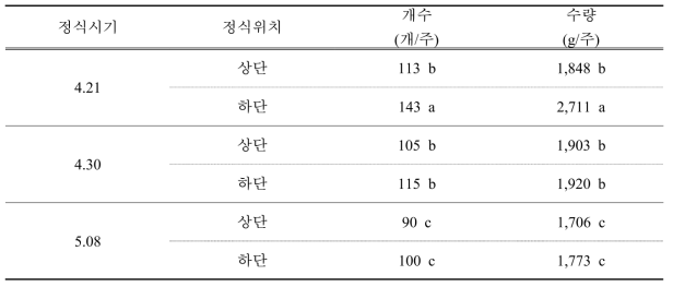 딸기 후작 ‘루비토마토’의 정식시기별 수량 비교