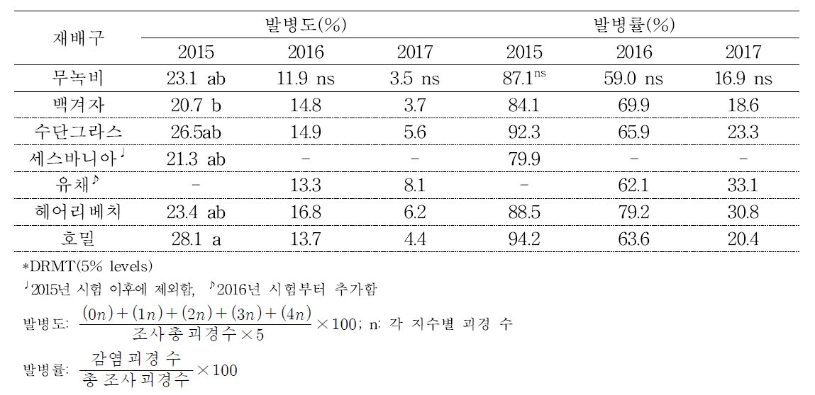 풋거름 재배에 따른 감자더뎅이병 발병도 및 발병률(%, 2015∼2017년)