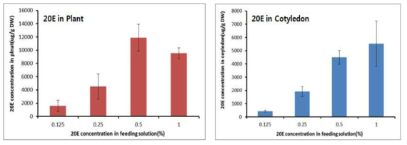 옥수수 발아/성장 동안 20E 처리 농도별 흡수율을 분석하여 본 결과