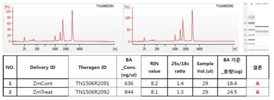 Bioanalyzer를 이용한 total RNA 추출물 QC 결과. ZmCont (TN1506R2091): 대조구(물 처리), ZmTreat(TN1506R2092): 처리구(20E 처리)