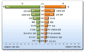 성별 사망원인 순위 (출처 : 통계청, 2014)