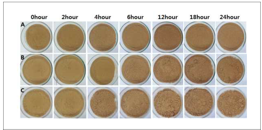 Appearances of caking phenomena for corn silk powders at ambient storage(25℃, 75% RH). A: 40 mesh, B: 100 mesh, C: 200 mesh