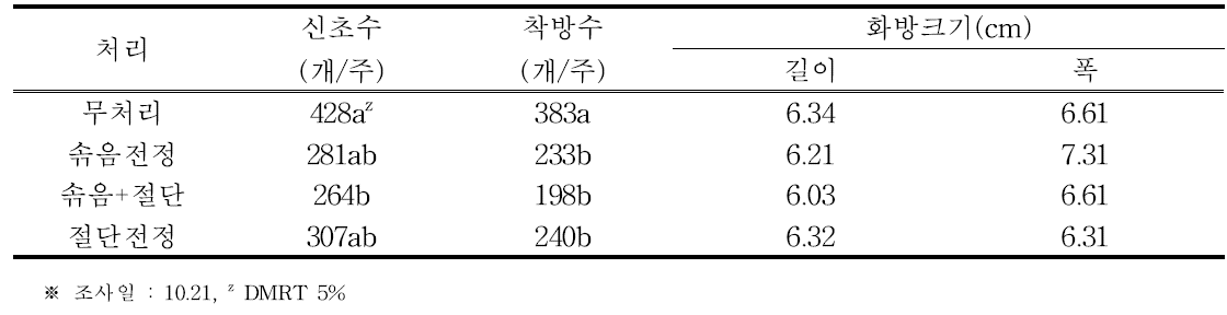 전정방법별 착방수 및 화방크기(2016)