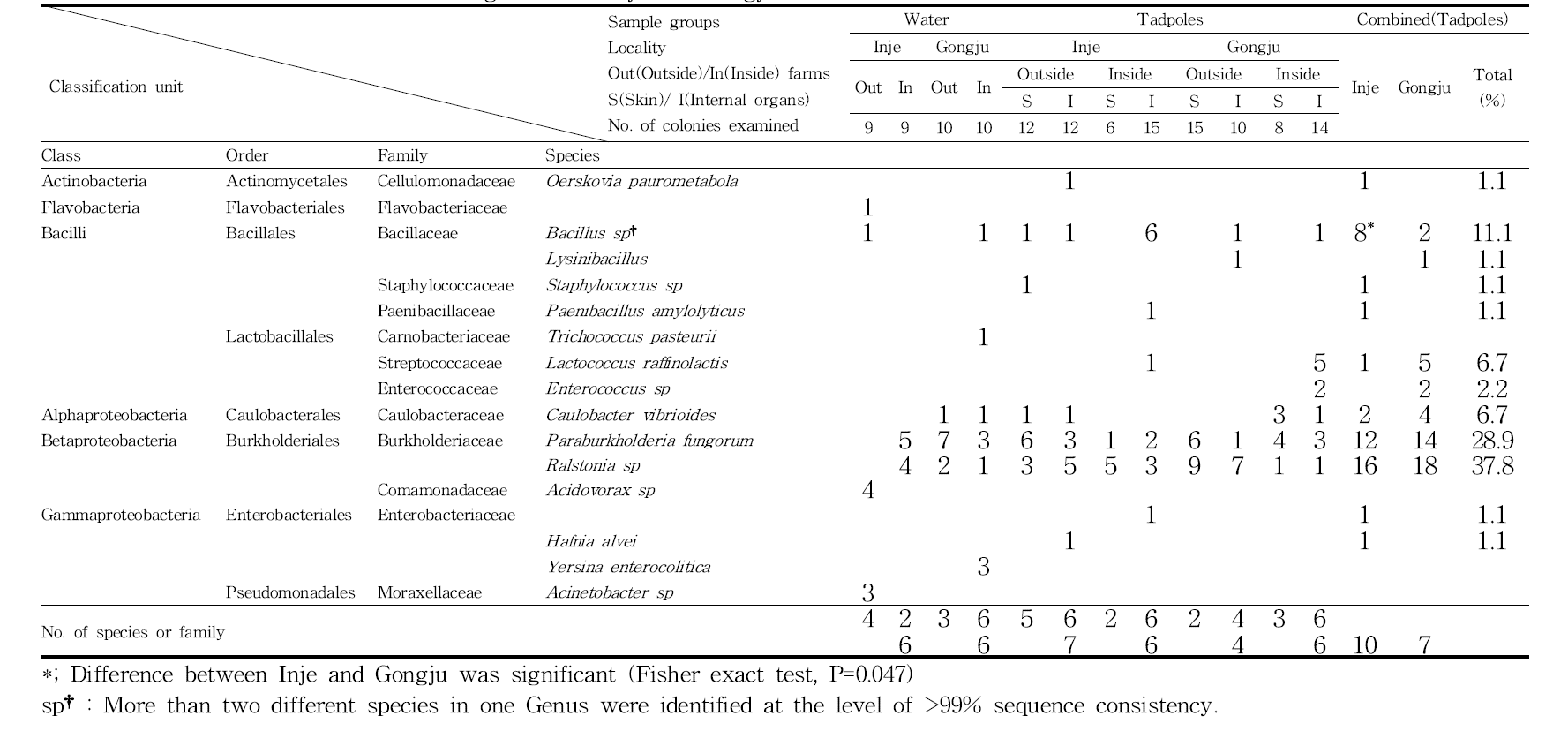 List of the bacteria identified from the samples of water and the skin and internal organs of the Rana dybowskii tadpoles which were collected from outside and inside frog farms at Inje and Gongju