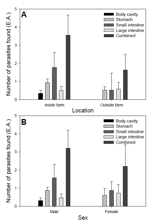 Comparison of the number of acanthocephalans found in body cavity, stomach, small and large intestine of the Dybowskii’s brown frogs between inside and outside of the frog farms (A) and between males and females (B)