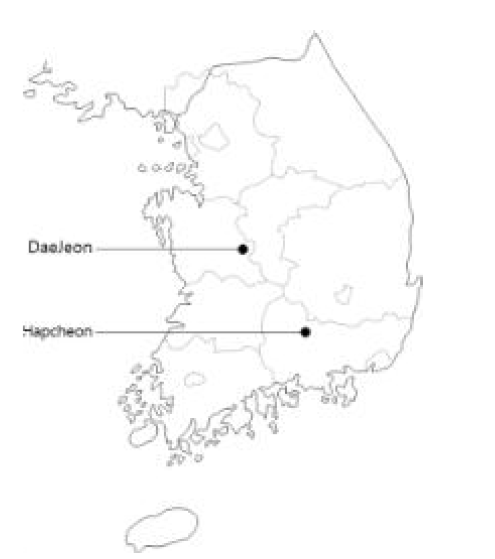 Sites where narrow-mouth frog (Daejeon) and tree frogs (Hapcheon-gun) are captured