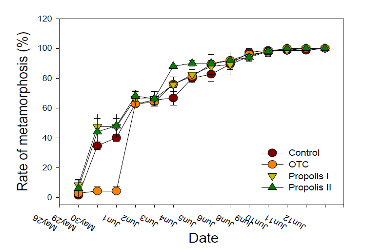 Comparison of the metamorphosing rate of R. dybowskii’s tadpoles based on different treatments of control, OCT, propolis I and II exposure