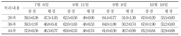 골드키위 착과량 조절에 따른 과실 비대상황(2016년) (단위 : ㎜)