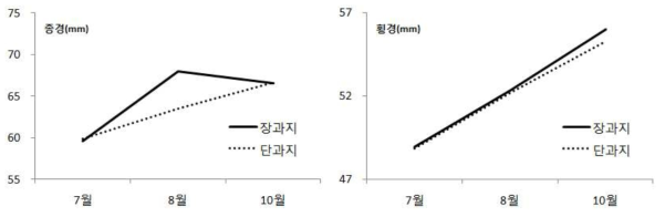 결과지 형태에 따른 골드키위 시기별 과실 비대상황