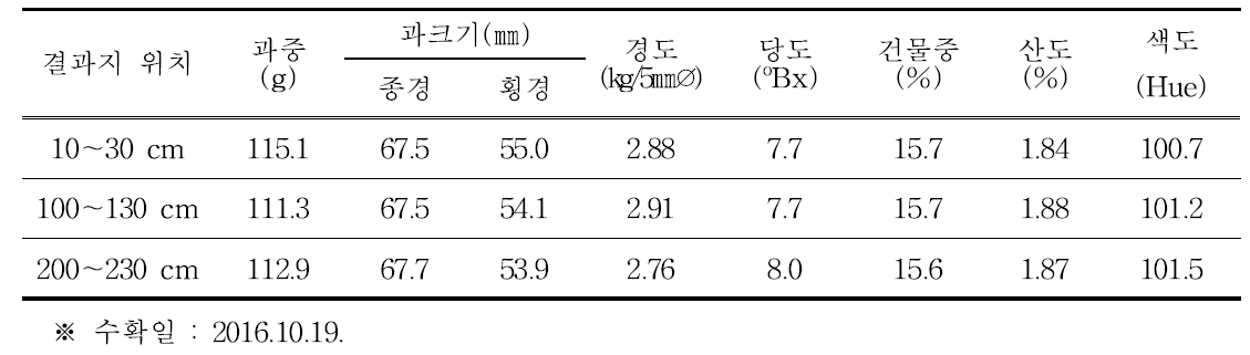 결과모지상의 결과지 위치에 따른 과실 품질(2016년)