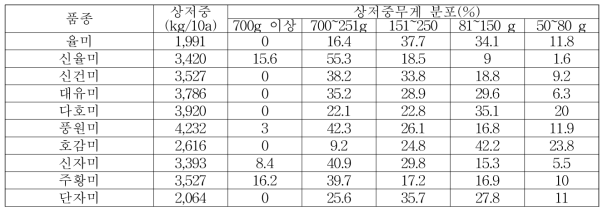 조기재배 삽식 후 140일 상저수량 및 상저중 무게 분포(2015년)