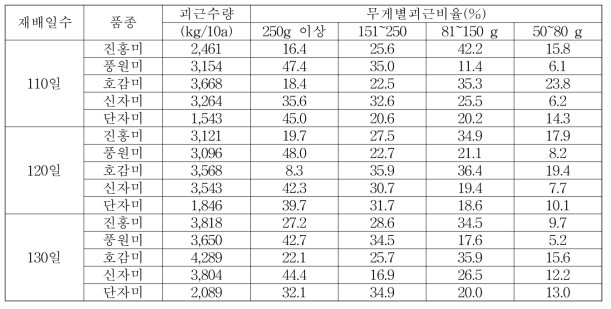 보통기재배 품종별 괴근 수량(2016년)