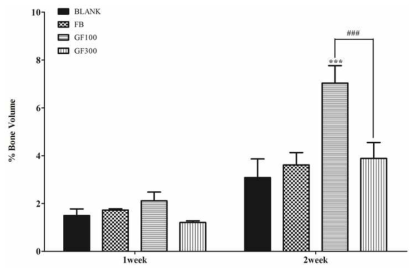 The volume ratio (%) of mineralized bone in the all defects after implantation for all during. Each column represents mean ± SD (n = 3, respectively, *P < 0.05, **P < 0.01, ***P < 0.001 vs Blank and ###p < 0.01 as compared to the GF 100). Blank; non-treatment, FB; only fibrin scaffold, GF 100; P. ginseng 100 mg/ml + fibrin scaffold, GF 300; P. ginseng 300 mg/ml + fibrin scaffold