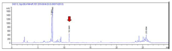 시제품의 전형적인 HPLC 크로마토그램(화살표는 리퀴리티게닌)