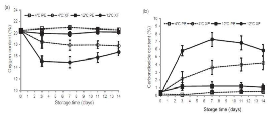 MA/MH처리와 저장 온도에 따른 O2(A) 및 CO2(B) 변화