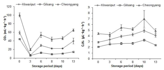 고추 품종별 상온 저장 기간 동안 호흡량 및 에틸렌발생량 변화