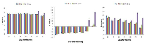 고추 수확시기별 저장 기간 동안 색도의 변화 *L: 명도, a: 적색도, b:황색도