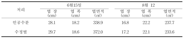 인공수분과 수정벌 수정에 따른 시기별 엽생육 특성