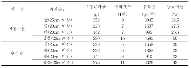 인공수분과 수정벌 수정에 따른 수확 특성