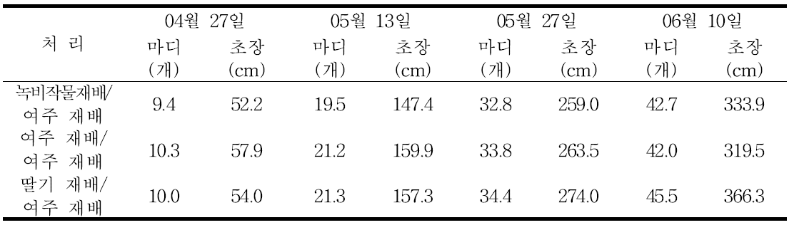 처리별 시기에 따른 절간수와 초장 (2016년)