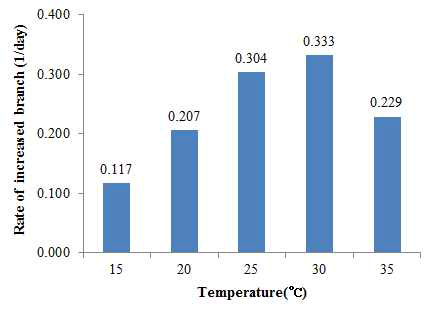 온도별 고추 평균 분지수 증가속도(day-1)