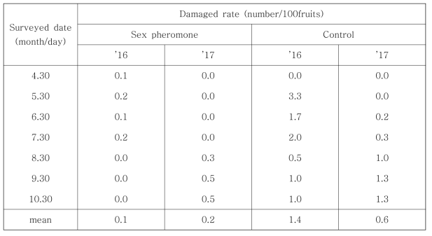 Damaged rate of tomato friuits by Helicoverpa assulta moths in sex pheromone trap treated greenhouse