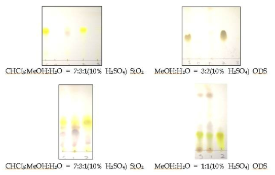 NFB-9~12,13 분획, NFB-9-17~21 분획 및 연꽃 화합물 4, 5의 TLC 전개 양상